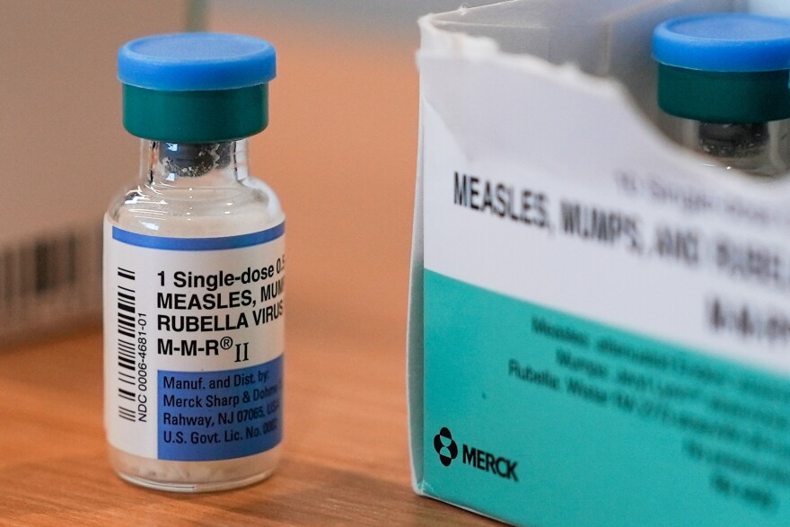 A vial of the measles, mumps and rubella vaccine is on display at the Lubbock Health Department, Feb. 26, 2025, in Lubbock, Texas.