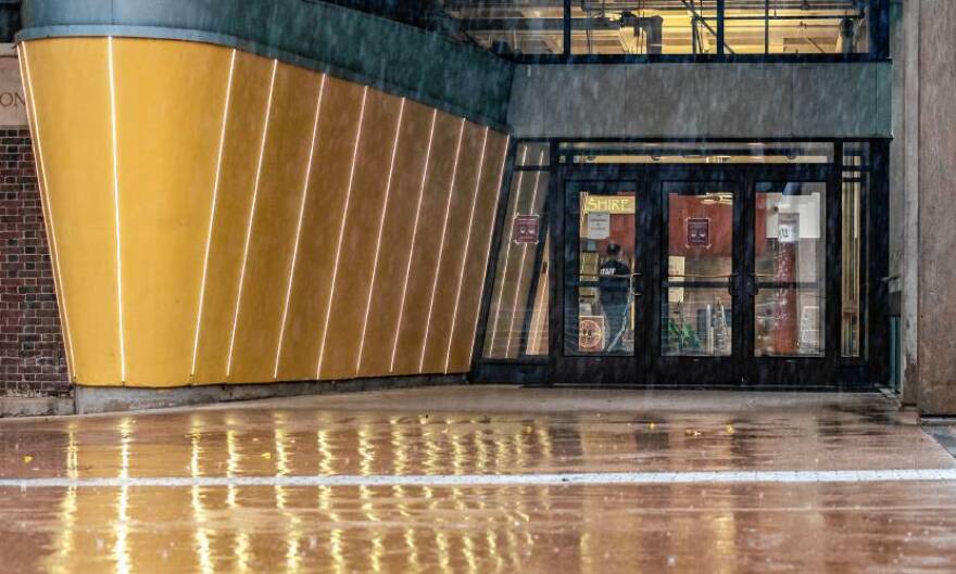 A UMass Amherst staffer works inside the closed Berkshire Dining Commons in the Southwest Residential Area on August 27, 2020.