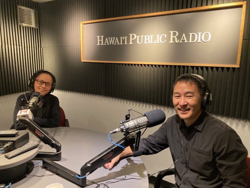 HOT conductor Lance Inouye, right, with The Conversation's Lillian Tsang at Hawaiʻi Public Radio.