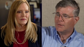 Blond lady left, glasses man right