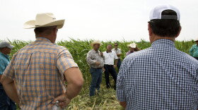 Jimmy Emmons, who owns the land where the workshop is taking place, talks to fellow farmers about cover crops and no-till farming. 