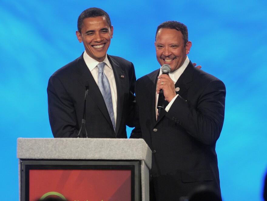 Then-presidential candidate Barack Obama poses with National Urban League President Marc Morial on Aug. 2, 2008.