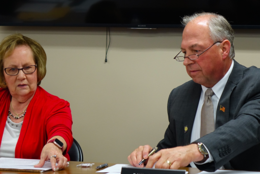 Daleville Community School's Board President Diane Evans, left, and Superintendent Paul Garrison during a meeting at the district office in August 2019.