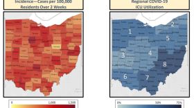 The state health department says Ohioans can use the incidence map to understand the severity of COVID-19 transmission by county. The second map shows the percent of all ICU patients who are COVID positive, which it says has increased from 12% in August to 31% currently. This is having what it calls a "severe and unsustainable" impact on the state's healthcare system. 