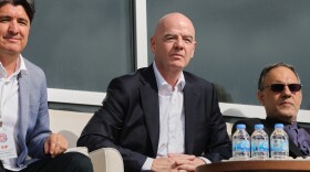 FIFA President Gianni Infantino, center, follows a friendly soccer match between Iran and Costa Rica, in Antalya, southern Turkey, March 31, 2026.