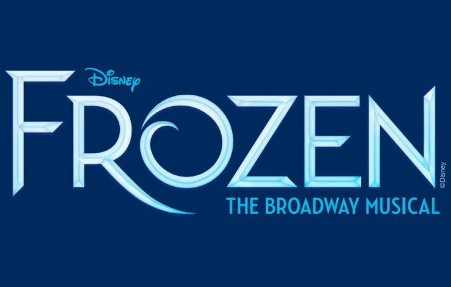 Stylized text for Disney's "Frozen" the Broadway Music in tones of blue