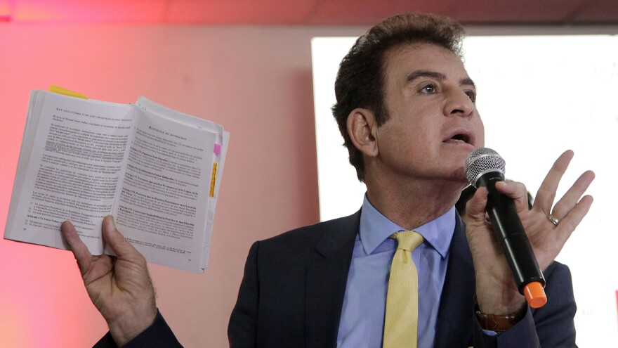 Salvador Nasralla, presidential candidate of the opposition alliance, gives a news conference in Tegucigalpa, Honduras, on Monday Dec. 11.