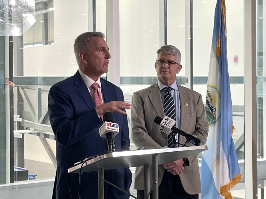  U.S. House Speaker Kevin McCarthy held a press conference with Rep. Brandon Williams (R-Sennett) on August 23.