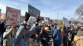 Around a thousand people gathered in Missoula, MT on March 8, 2025 to rally for public lands and protest Trump Administration cuts to federal land management agencies.
