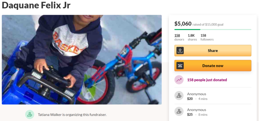 A fundraiser for the funeral expenses of three-year-old  Daquane Felix Jr. has raised more than $5,000 dollars. (Photo from GoFundMe)