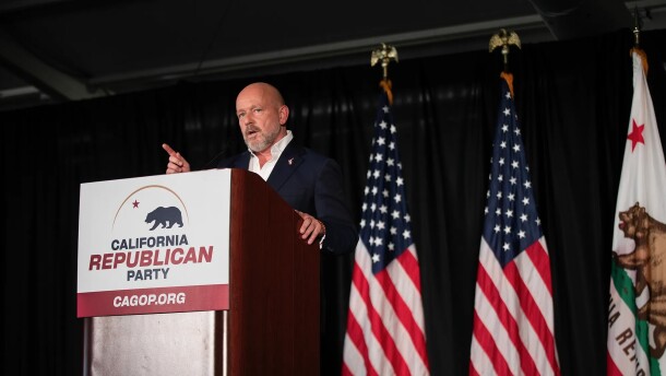 Republican gubernatorial candidate Steve Hilton speaks during a forum at the California Republican Party convention in the Sheraton San Diego Resort on April 11, 2026.