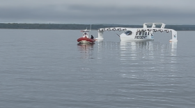 The Viceroy, a prototype electric seaglider, can carry 12 passengers 180 miles at a speed of 180 mph, according to manufacturer Regent Craft in North Kingstown, Rhode Island. Credit: David Wright/Ocean State Media