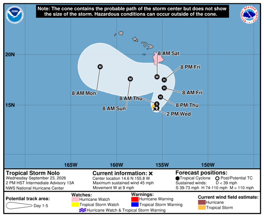 The five-day forecast for Tropical Storm Nolo as of Wednesday, Sept. 23, 2026, shows the storm system heading north towards the Hawaiian Islands.
