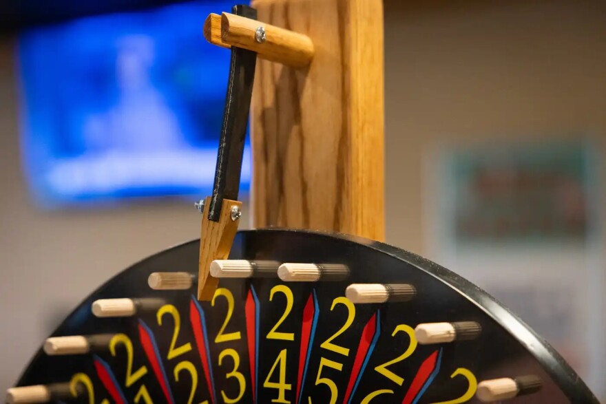 The prize wheel lands on number 23 during a meat raffle at Hi-Stakes Cafe and Bar in Spring Lake Park on March 27.