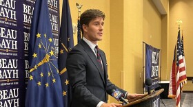 Beau Bayh talks to the press after winning Indiana Democrat' nomination for secretary of state.