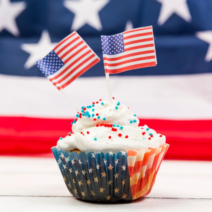 USA-themed cupcake with flags
