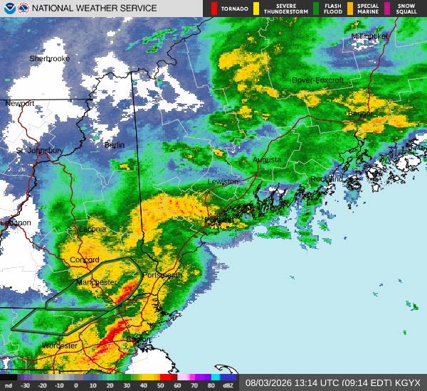 The National Weather Service issued a flash flood warning for parts of southern New Hampshire on Aug. 3, 2026, amid reports of heavy rainfall.