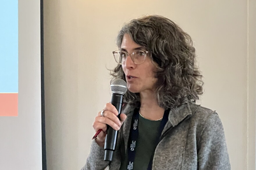 Liz Wiley, executive director of the Marion Institute, speaks at the New Bedford Ocean Cluster conference in April of 2026.