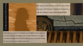 A collage shows images of clippings of court cases, a silhouette of a person with long hair, a logo of the U.S. District Court for the Western District of Missouri, an image of cracked pavement and an image of courthouse pillars.