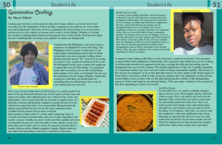 A spread on pandemic cooking and baking features recipes from students, and personal stories behind the dishes.