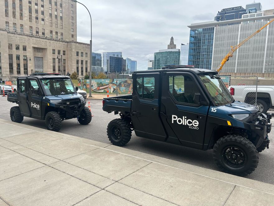 Two of KCPD's Utility Task Vehicles on display in front of their downtown headquarters. 