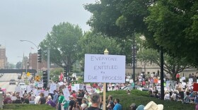 A crowd gathered in front of the Illinois statehouse at a protest in June 2025.