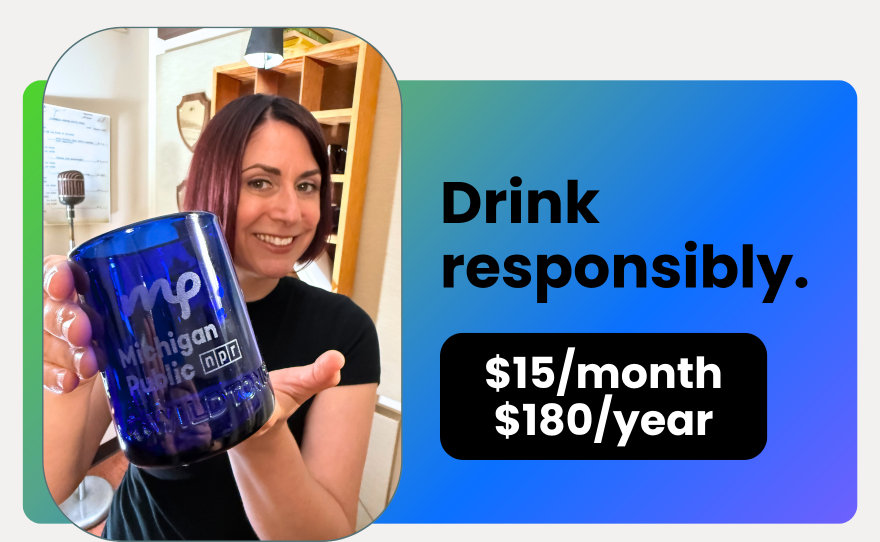 blue and green gradient with a white woman holding a short blue glass