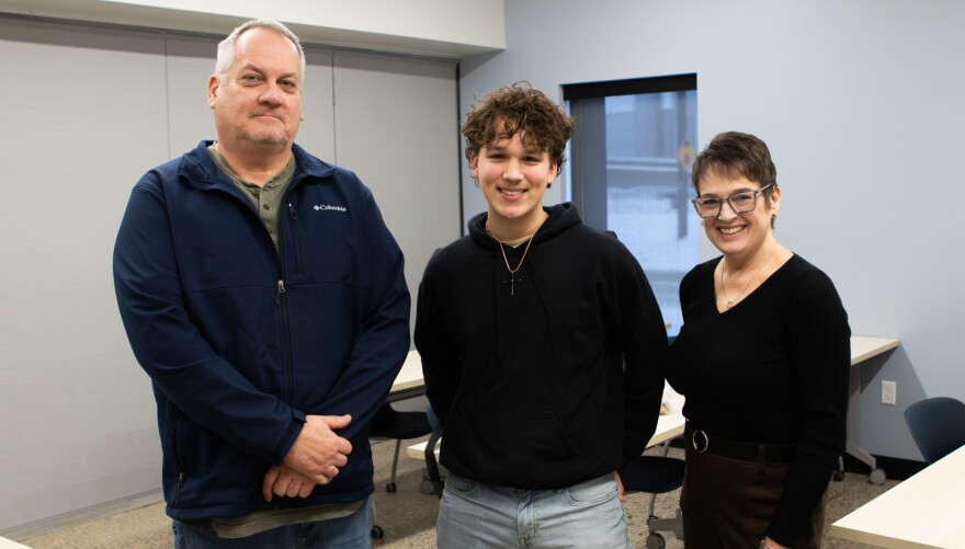 Brian Gall, Electrical Instructor, West Michigan Construction Institute and Bryer Armstrong, 12th grade, Kent City High School, and host Joy Walczak