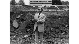 George Taliaferro at the demolition of the old 10th Street football stadium in 1982. Taliaferro was an IU legend on and off the football field – he led IU to its only undefeated season (1945) and helped integrate the university and Bloomington.