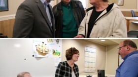 A split image features Eric Parker and Laurie Lickley talking to constituents in the Hailey courthouse.