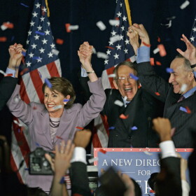 FILE - In this Nov. 7, 2006, file photo, Rep. Nancy Pelosi, D-Calif., center, celebrates with fellow Democrats at an election-night rally in Washington. At left, chairman of the House Democratic Congressional Campaign Committee Rep. Rahm Emanuel, D-Ill., and from right, chairman of the Democratic Senatorial Campaign Committee Sen. Charles Schumer, D-N.Y., and Senate Democratic Leader Sen. Harry Reid, D-Nev. Pelosi promised four years ago that Democrats would lead "the most honest, most open, most ethical Congress in history." As her party defends its record with its majority in jeopardy, it's clear she's fallen short.