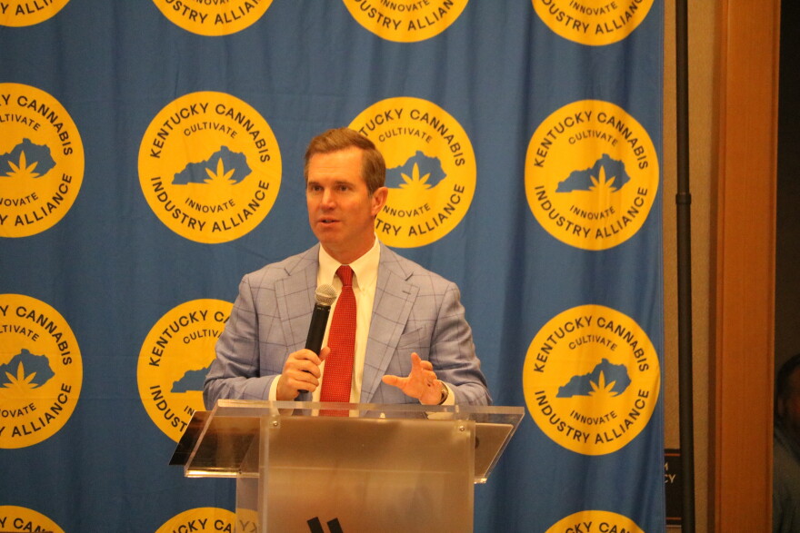 Gov. Andy Beshear kicks off the Kentucky Cannabis Industry Alliance fall conference at the Lexington Marriott City Center on October 21, 2026. He received the organization's High Roller Award as a part of the welcome presentation.