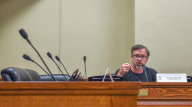 Reclaim Rhode Island Co-Chair Daniel Denvir advocates for a proposal to codify just cause evictions during the final meeting of the legislative commission on landlord-tenant law on Monday, May 19, 2025.
