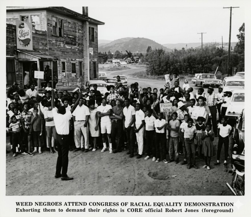 Black residents and civil rights demonstrators march during a 1966 protest in Weed, California, organized by the Congress of Racial Equality to challenge segregation and discrimination in the Lincoln Heights neighborhood.