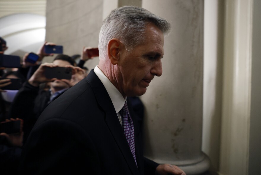 Rep. Kevin McCarthy, R-Calif., returns to his office following another disappointing day for the House majority leader. McCarthy has so far failed to become speaker after six rounds of votes.