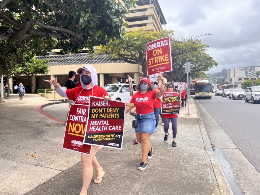 FILE - A Kaiser Permanente mental health strike outside of the Kaiser Honolulu Medical Office included therapists and clinicians with the National Union of Healthcare Workers. ( May 2022)
