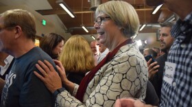 District 7 candidate Sally Bagshaw watches a screen for the first results of the election on Tuesday night, discovering that she was leading her opponent 80 percent to 19 percent.
