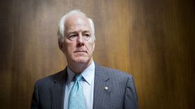 U.S. Sen. John Cornyn looks away from the camera with a wooden wall behind him. 