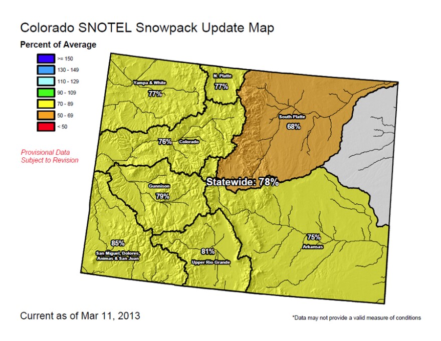 A detailed map showing low snowpack levels across parts of Colorado