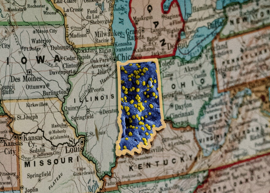 A digitally edited image showcasing a virus pattern over top Indiana on a map of the region.