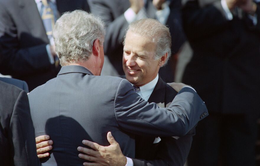 Then-President Bill Clinton hugs then-Sen. Joe Biden on Sept. 13, 1994, during a signing ceremony for the crime bill on the South Lawn of the White House.