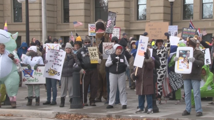 Protestors gathered in front of the Wyoming Capital for the No Kings protest