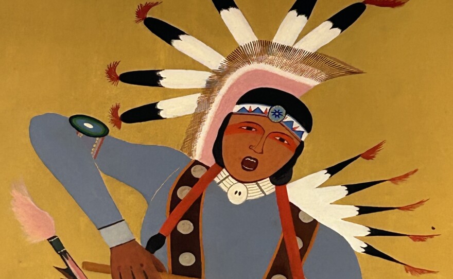 Kiowa artist Stephen Mopope painted murals in what is now the Anadarko Post Office in 1937. During the time Mopope painted this mural, Native American religious ceremonies and dances were outlawed. Depicting them, like things shown here was risky. It wasn’t until 1978 that Native people had the right to practice their religion openly.