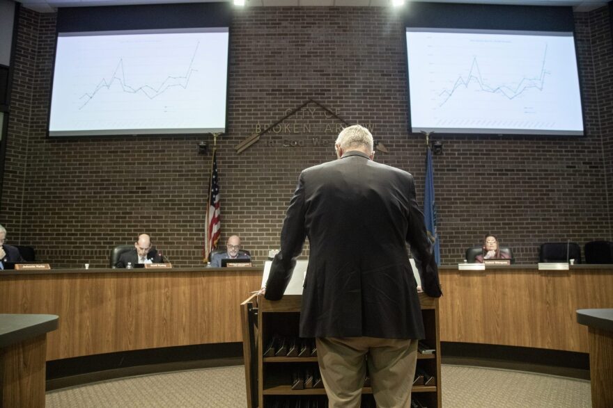 Broken Arrow City Council members listen as city Human Resources Director Russell Gale briefs them on COVID-19 cases in the city and region at a meeting Tuesday, Nov. 17.