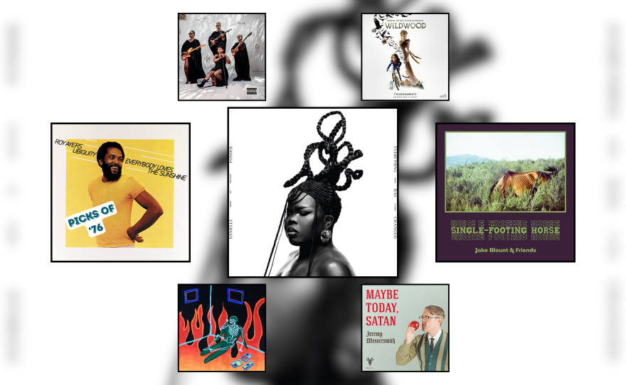 Artwork for three albums and four singles displayed in black square frames. 