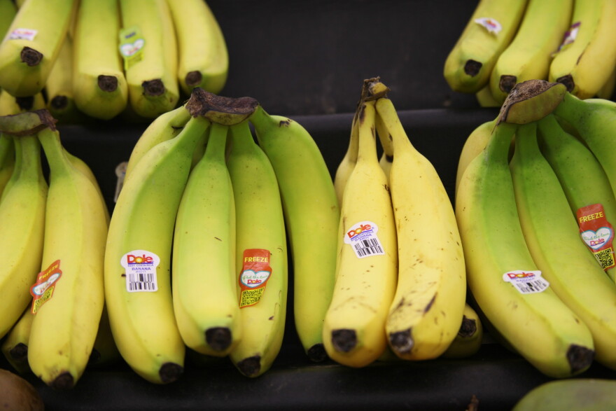 The bananas on the right will likely get dumped into the compost pile because most consumers, like those at this Kansas grocery store, prefer to buy pristine produce.