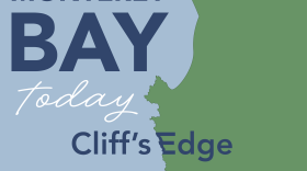 A logo that displays the outline of the Monterey Bay, with the word's "Monterey Bay Today Cliff's Edge" overlaid