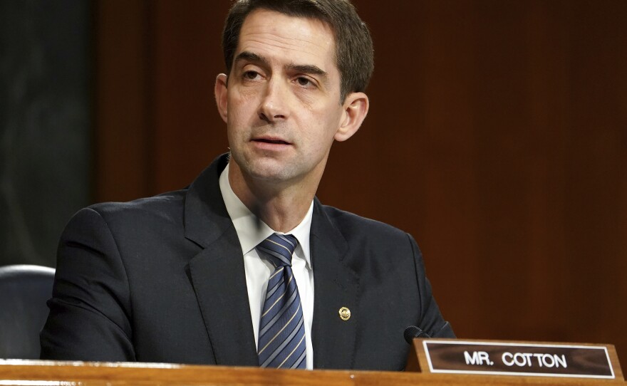 Sen. Tom Cotton, R-Ark., speaks during a confirmation hearing for Secretary of Defense nominee Lloyd Austin. Cotton said he could not support the waiver to allow Austin to serve as Secretary of Defense because he has not been out of the military for seven years. He did vote for the waiver in 2017 for President Trump's nominee to lead the Pentagon Jim Mattis.
