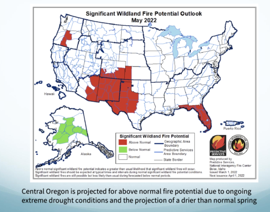 A slide shared during a drought briefing shows central Oregon at the same significant wildfire risk level as parts of the southwest and Florida come May.