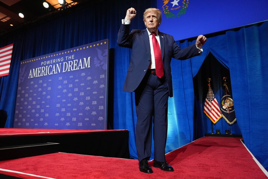 President Donald Trump dances after speaking at an event at the Red Rock Casino Resort and Spa in Las Vegas, Wednesday, Aug. 5, 2026. (AP Photo/Mark Schiefelbein)